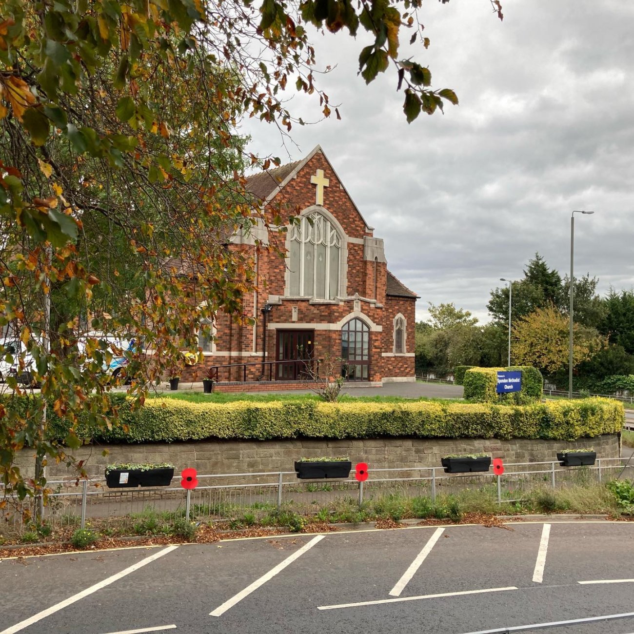 Photograph of Remembrance poppies outside the Methodist Church